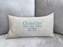 Load image into Gallery viewer, Birth Announcement Irish Linen Cushion