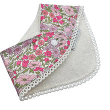 Load image into Gallery viewer, Liberty London Baby Bib Poppy and Daisy Pink with lace