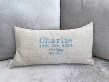 Load image into Gallery viewer, Birth Announcement Irish Linen Cushion
