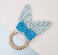 Load image into Gallery viewer, Brinley Bunny Ear Bow Tie Crochet Teether

