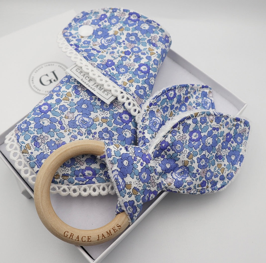 Liberty London Betsy Ann Blue Dribble Bib and teether Letterbox Gift