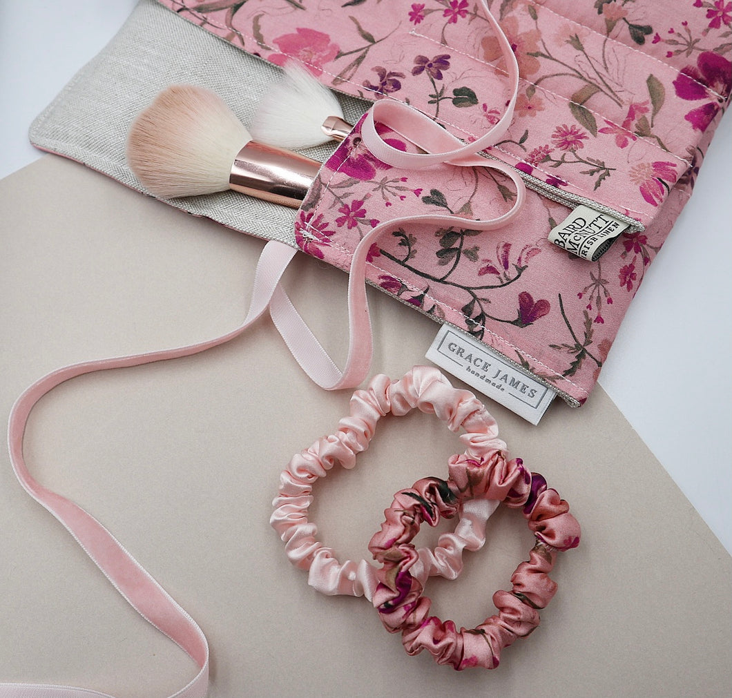 Liberty London Pink Floral and Irish Linen Makeup Brush Roll